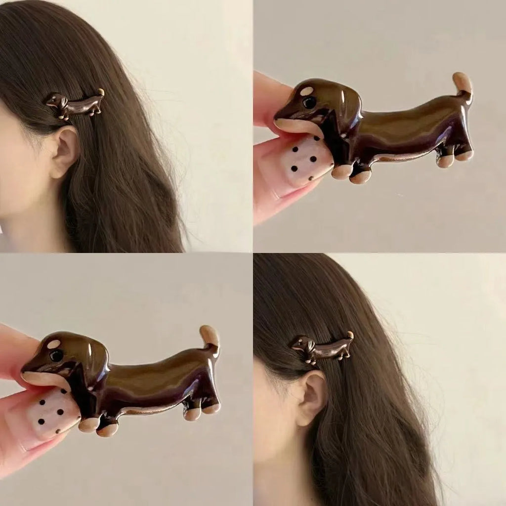 Dachshund dog design hair barrettes with electroplated finish on mixed materials