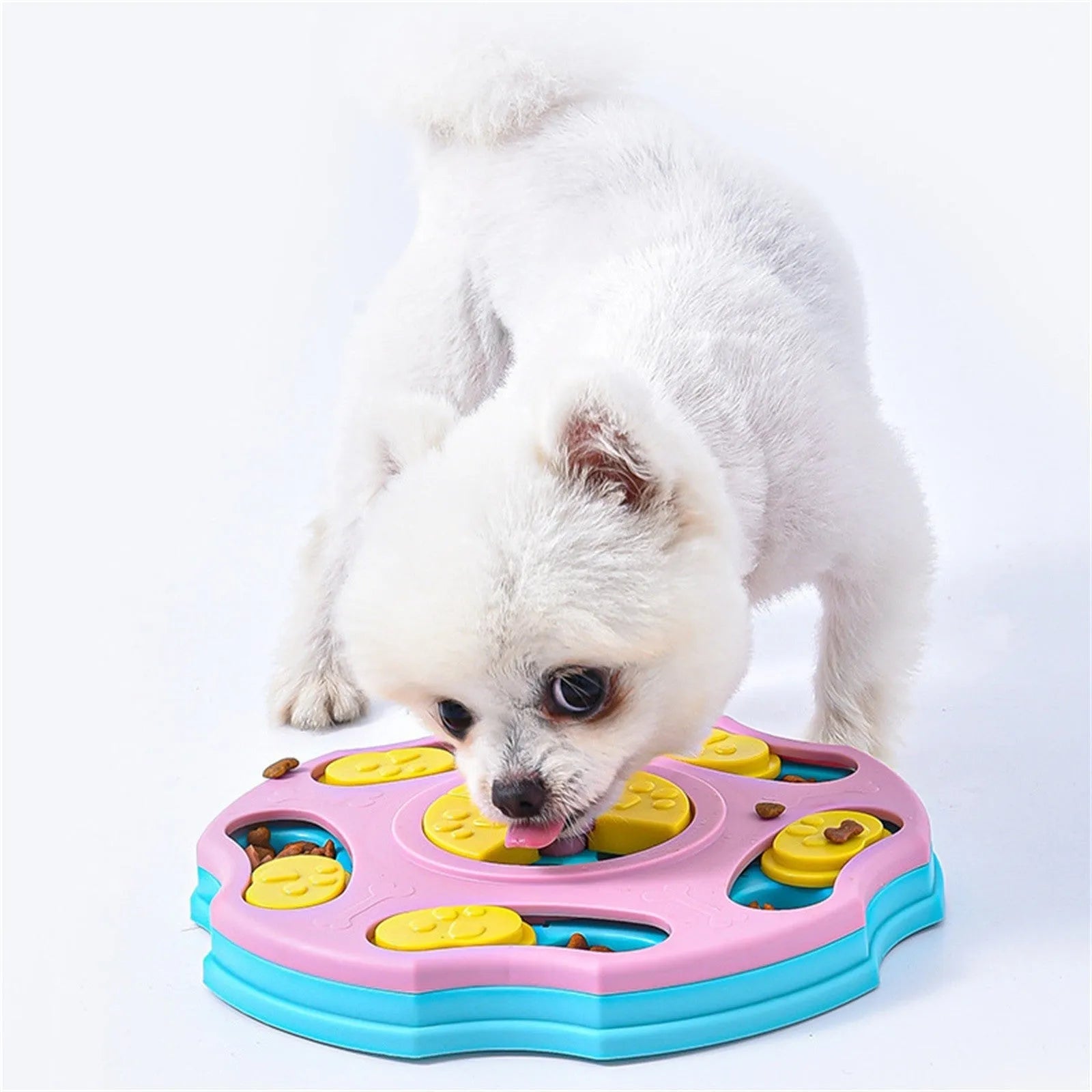 Blue dog puzzle feeder bowl with movable compartments for food-searching games and mental stimulation