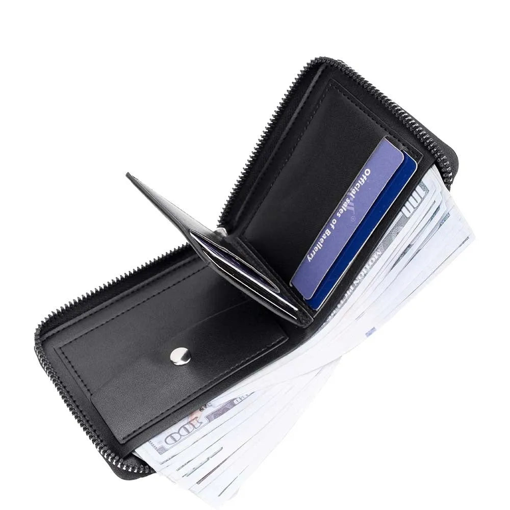 Black embossed leather-look anti-theft wallet with zipper closure and credit card slots