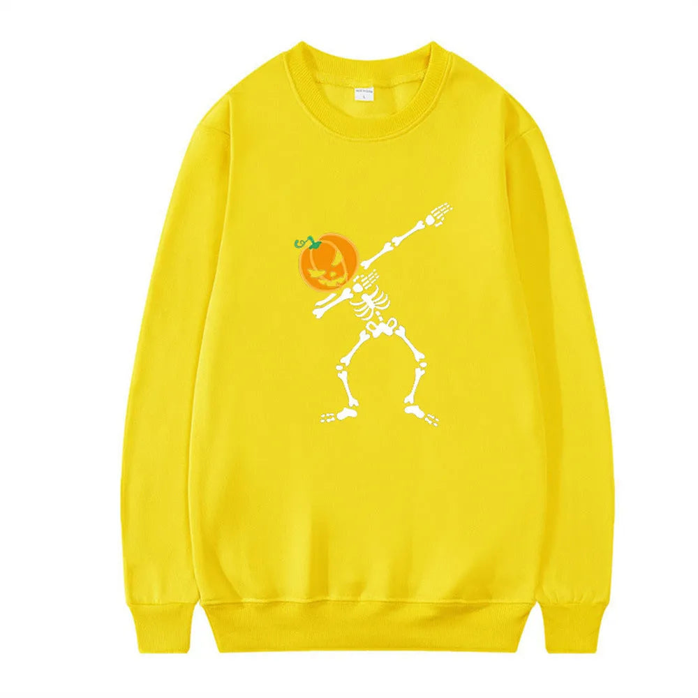 Women's casual printed long sleeve crew neck top in a cotton polyester blend on a hanger.