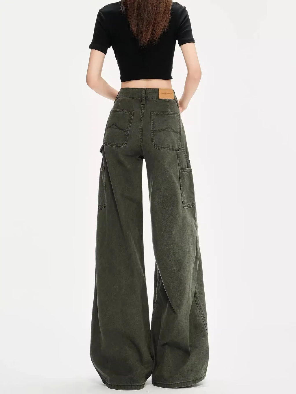 Women's army green loose straight-leg flared denim overalls with ultra-low-rise waist, casual summer style