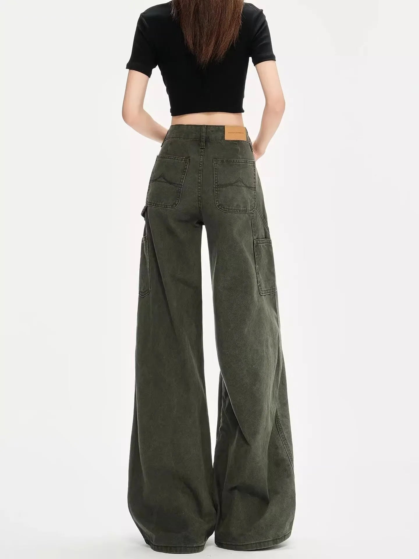 Women's army green loose straight-leg flared denim overalls with ultra-low-rise waist, casual summer style