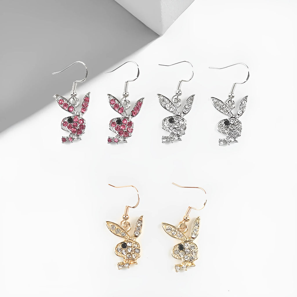 Full diamond rabbit stud earrings in silver, pink and gold colours with zodiac detailing