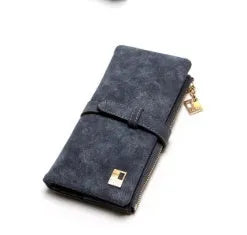 Korean style retro long women's wallet open showing multiple compartments and phone pouch