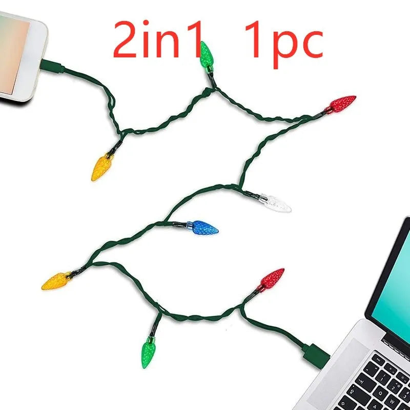 Green USB charging cable with 10 colourful LED lights flashing along its length