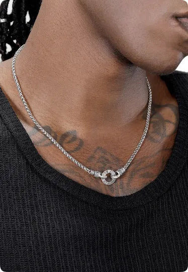 Silver 925 sterling silver clavicle necklace with pendant on a model.