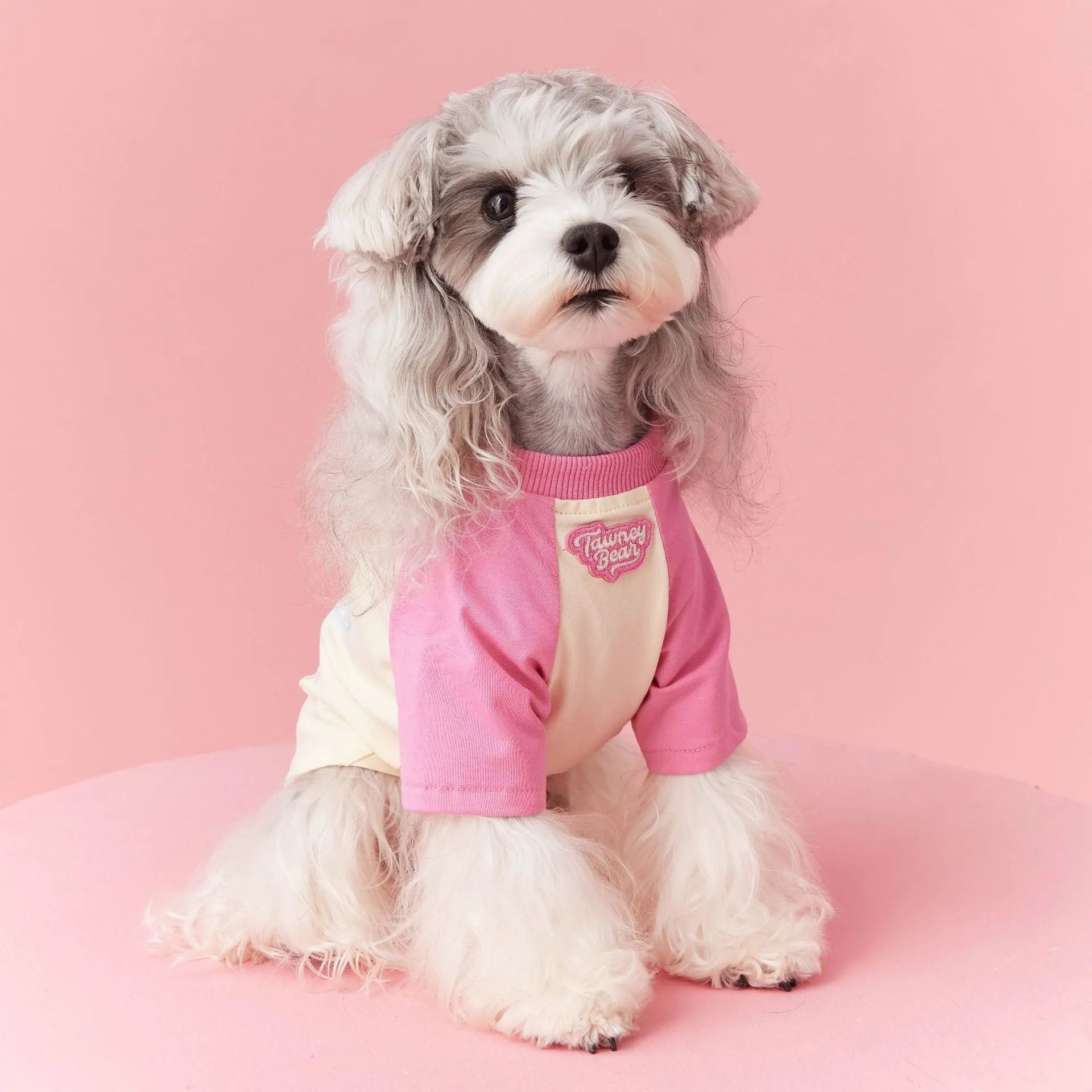 Red and pink embroidered cotton summer clothes for a dog on a size scale from XS to XXL.
