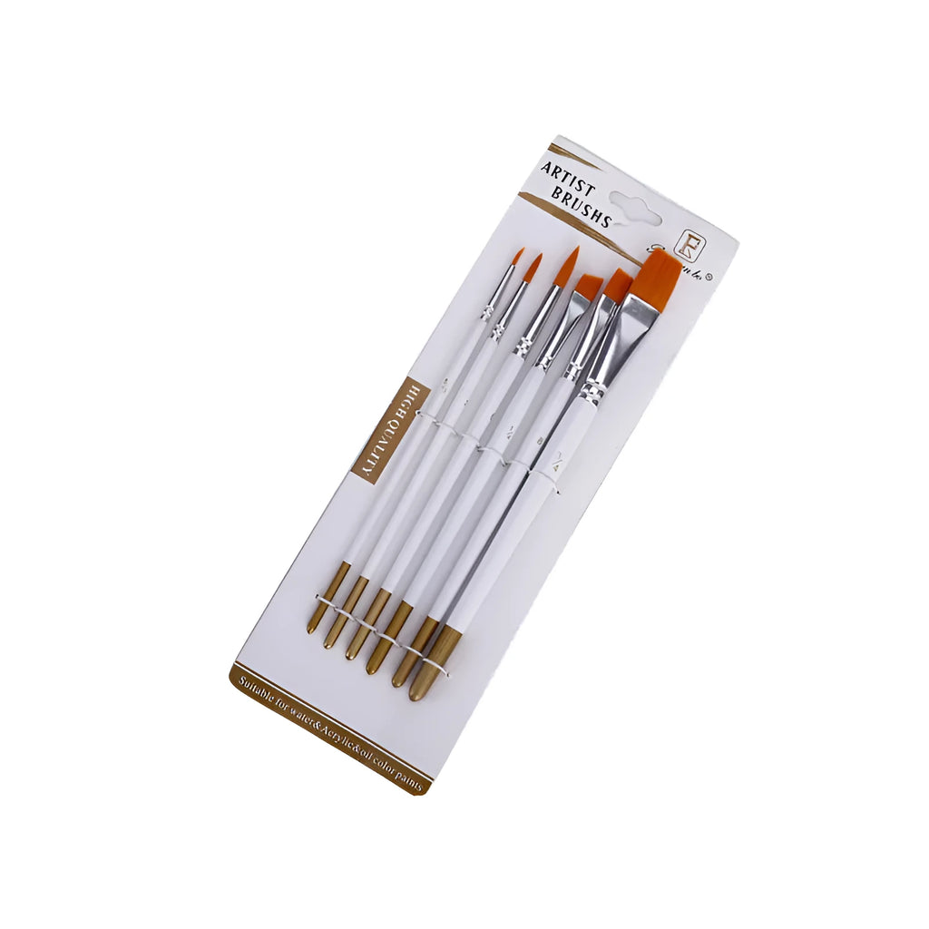 Set of six acrylic watercolour brushes with wooden handles and different sized nylon wool heads.
