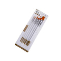 Set of six acrylic watercolour brushes with wooden handles and different sized nylon wool heads.