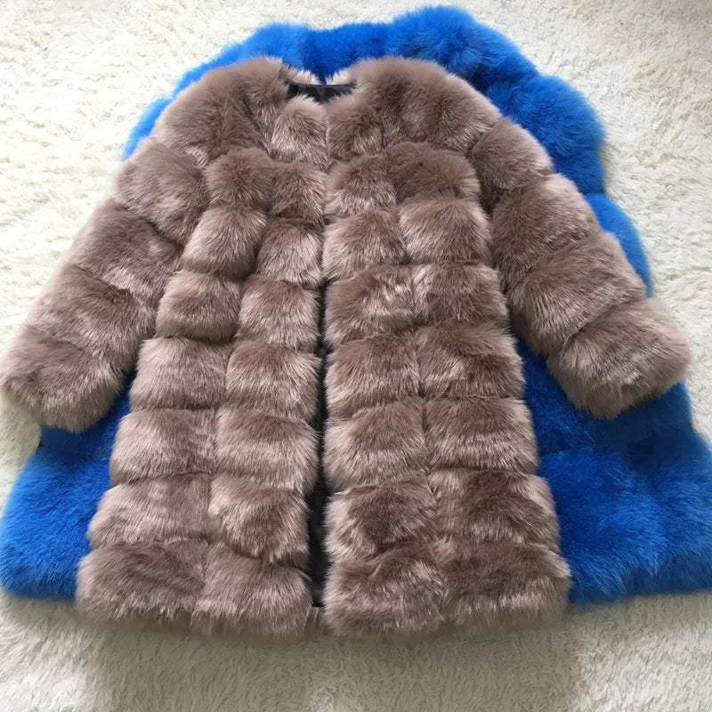 Women's thick artificial fur coat in apricot colour with regular sleeves