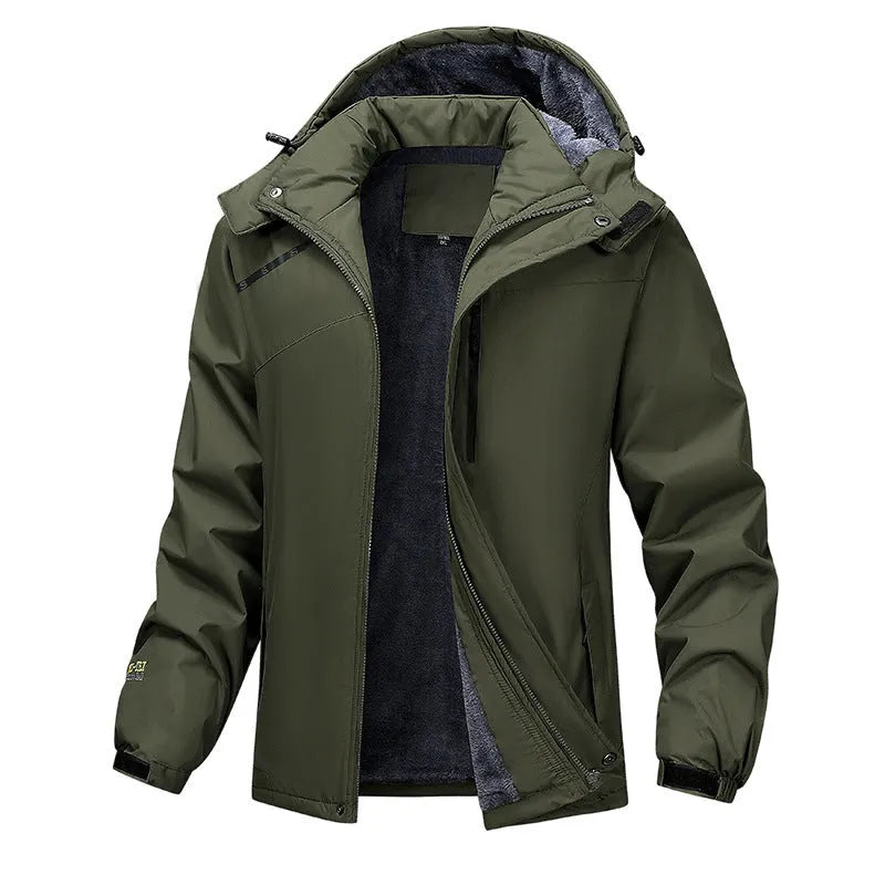 Plus size man wearing a loose-fit Army Green waterproof hooded coat.
