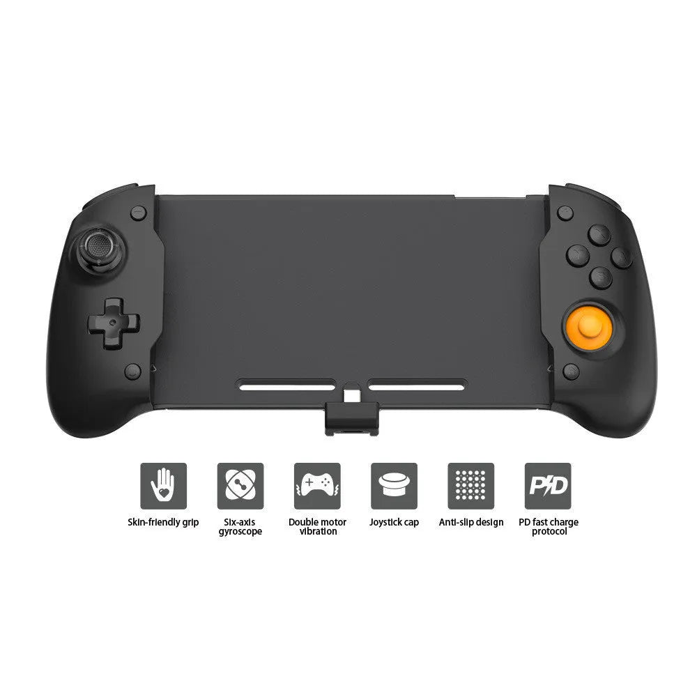 Black portable Switch gamepad attached to Nintendo Switch OLED console showing controller layout