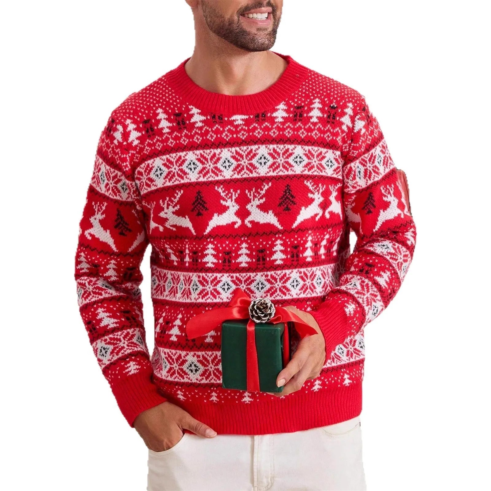 Men's red loose jacquard Christmas sweater with round neck and long sleeves on display