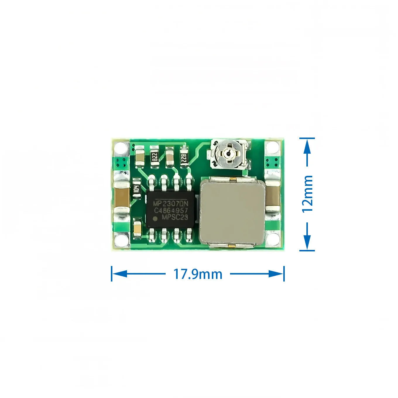Mini-360 green DC-DC buck converter step down power supply module on white background
