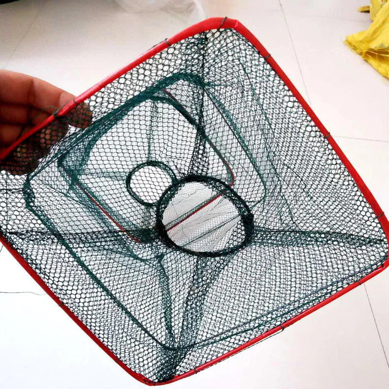 Two-hole folding lobster basket made from nylon with collapsible design and red plastic tube option for saltwater fishing
