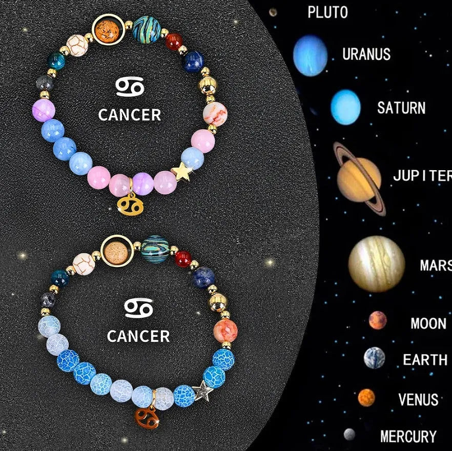 Set of twelve natural stone beaded bracelets with individual zodiac charms for each horoscope sign