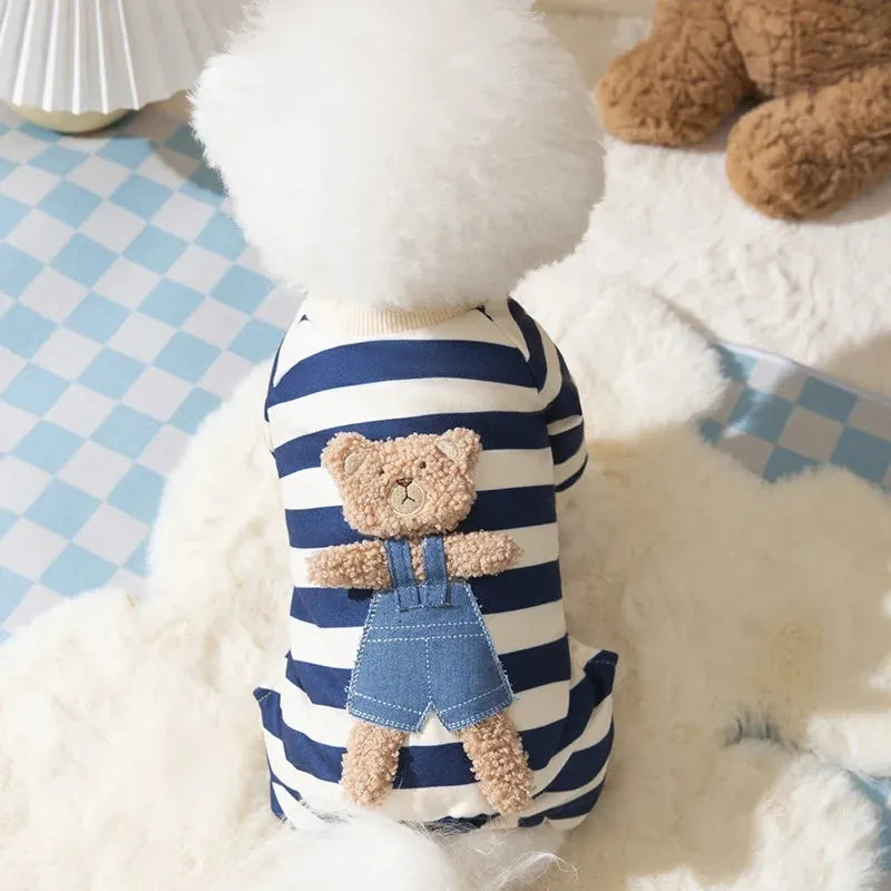 Blue striped bear four-legged pet pyjamas on a small dog with pullover round neck and long sleeves