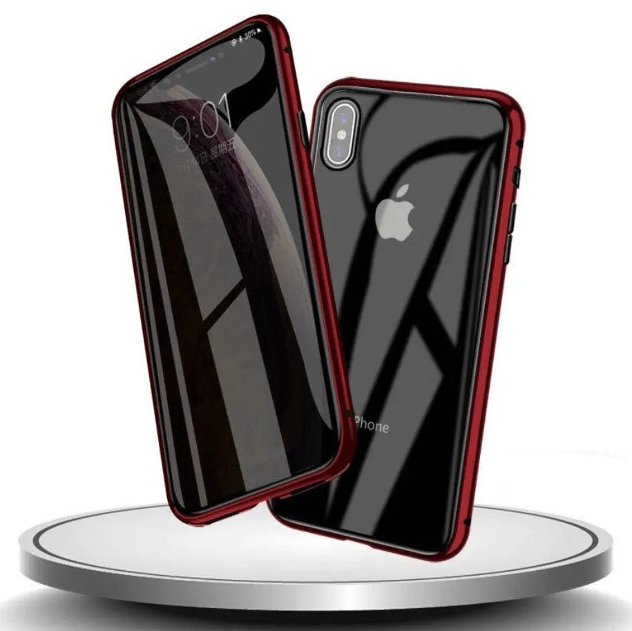 Anti-spy glass clamshell phone case in geometric design for iPhone, shown in multiple colour options