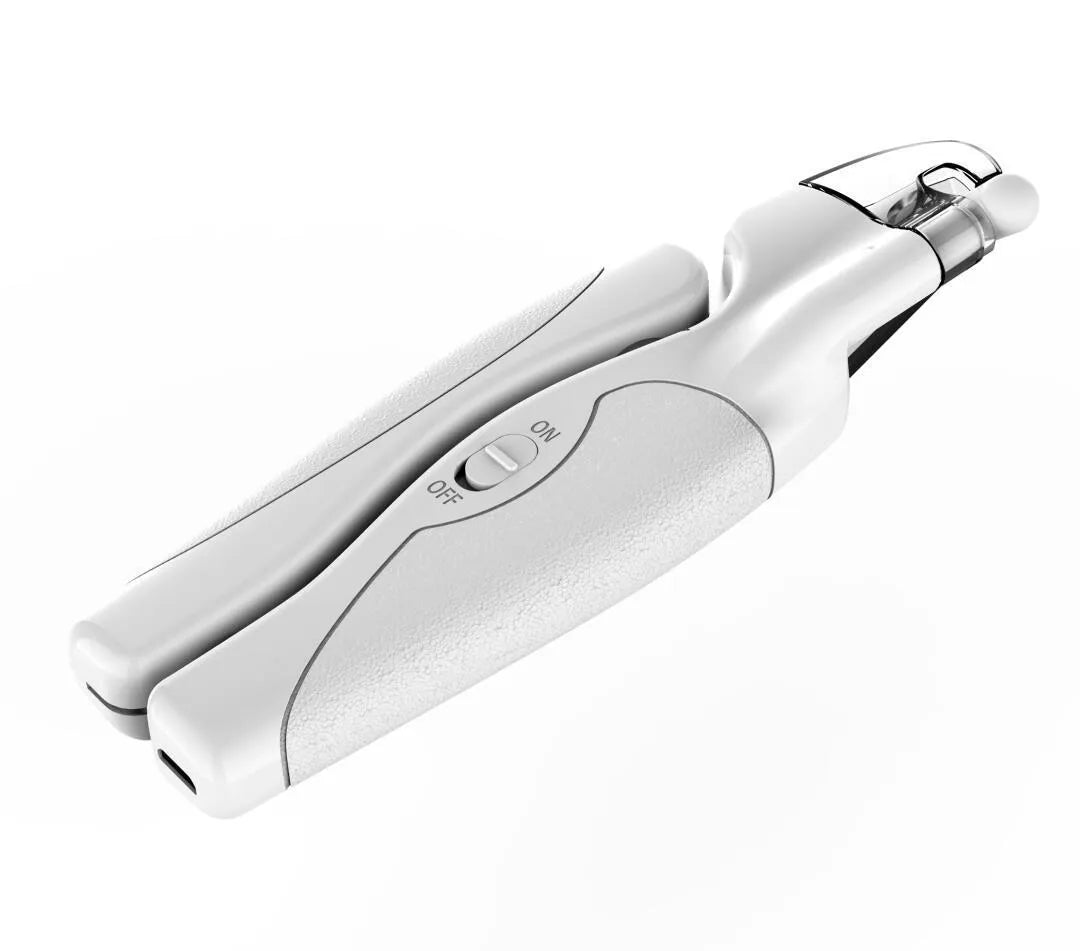 Electric LED pet nail clippers in white with built-in light for safe trimming