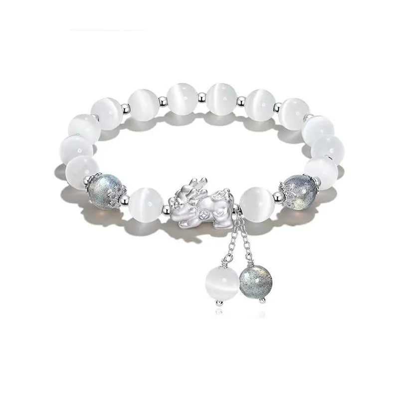 Handmade black agate and grey opal couple bracelet with 10mm wave beads and money painting design
