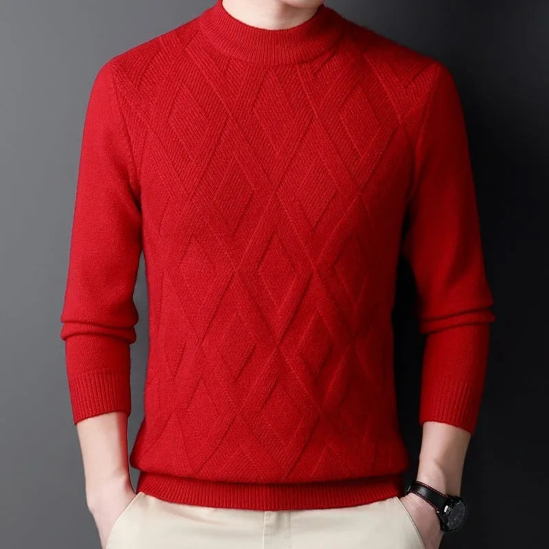 Men's winter thermal wool diamond jacquard pullover sweater shown in light camel colour