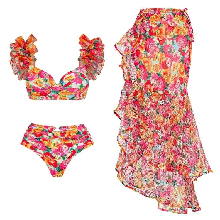 Women's floral push up bikini with high waist split design and quick-drying fabric