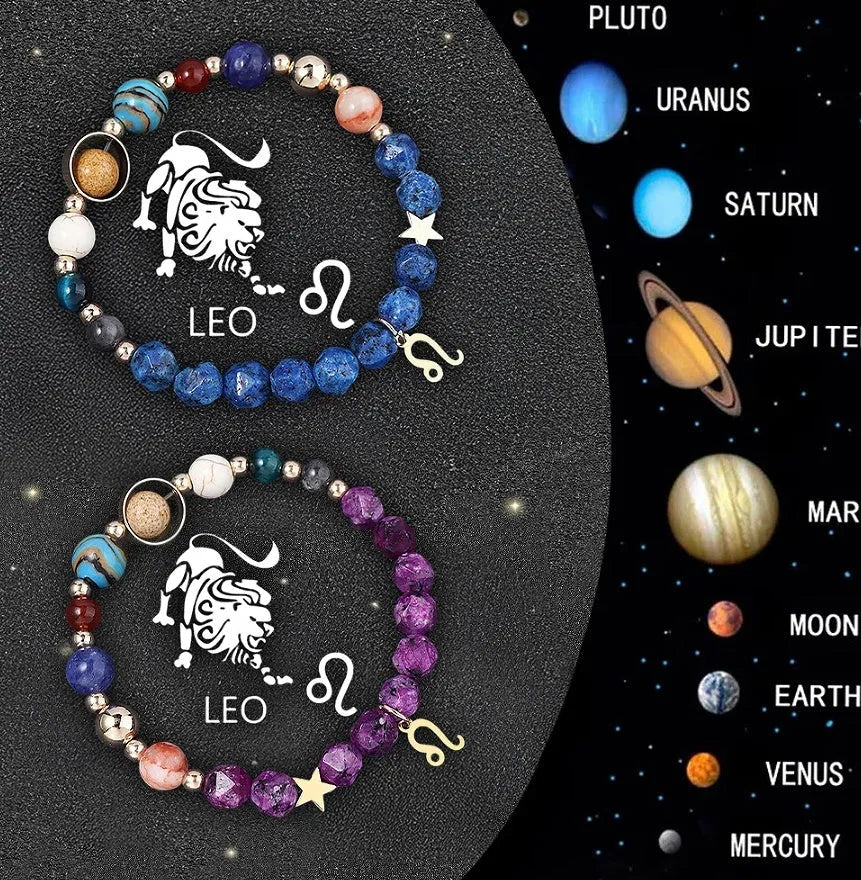 Set of twelve natural stone beaded bracelets featuring different zodiac sign designs