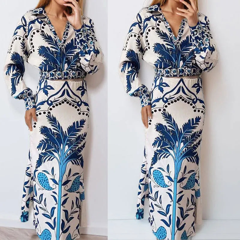 Women's picture colour polyester long-sleeve top and long skirt two-piece casual co-ord set