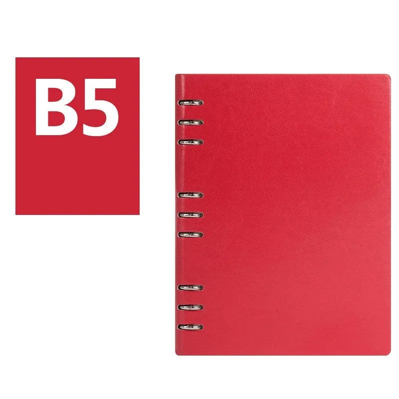 Imitation leather loose-leaf notebook in red, shown open, with A5, A6, and B5 size options.