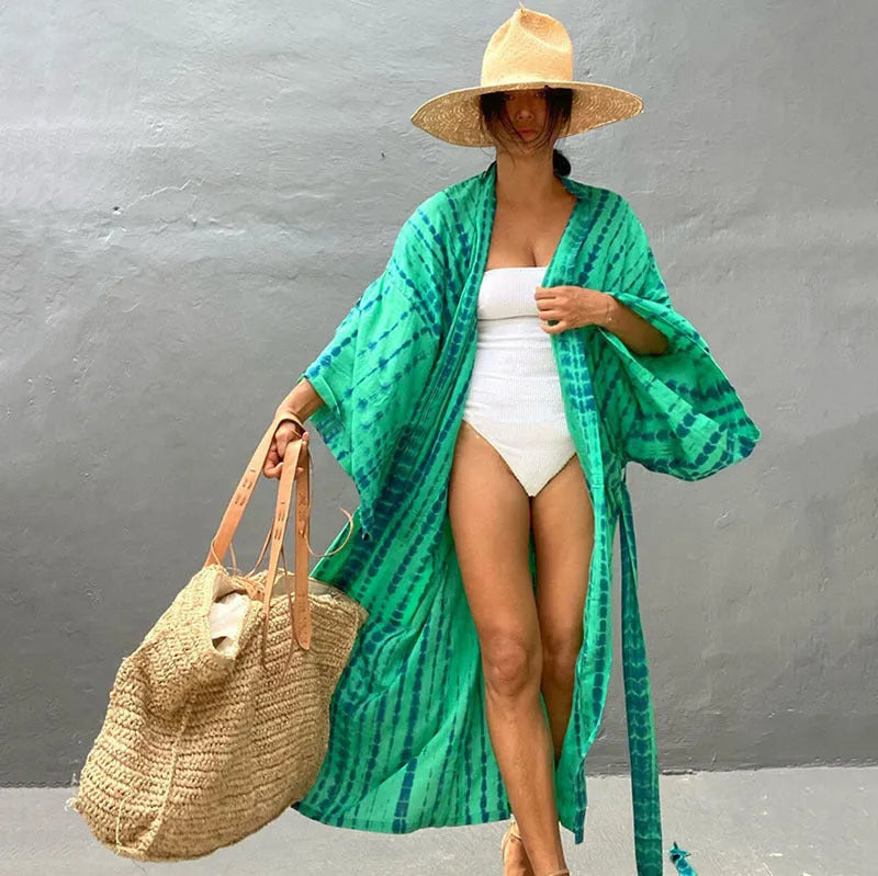 Printed cotton beach cover-up blouse with long sleeves in multiple colour options