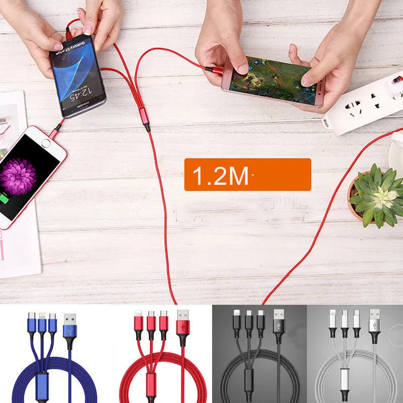 Braided 3-in-1 universal data cable with aluminium alloy connectors showing black blue silver red colour options