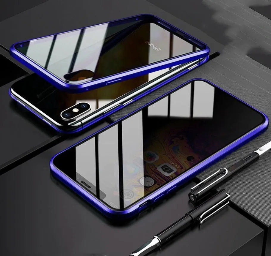 Anti-spy glass clamshell phone case in geometric design for iPhone, shown in multiple colour options