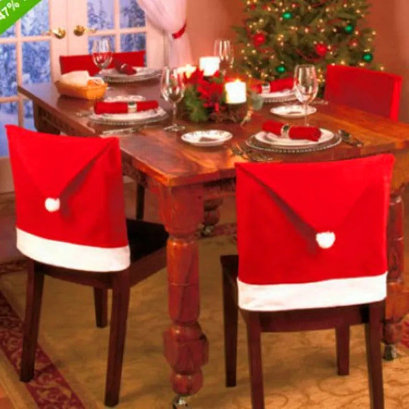 Christmas chair covers set with Santa Claus, Snowman, and Santa hat designs on dining chairs