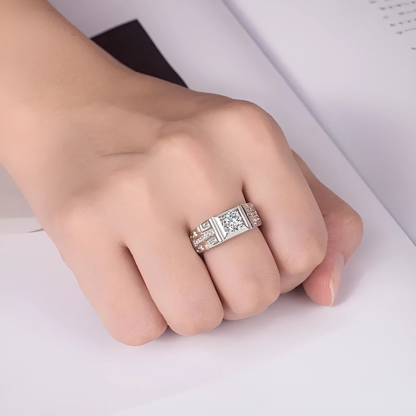 Geometric simulation moissanite ring white gold men's wedding Europe America style item MJ017