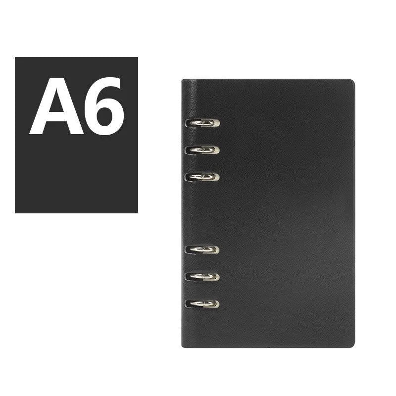 Imitation leather loose-leaf notebook in red, shown open, with A5, A6, and B5 size options.