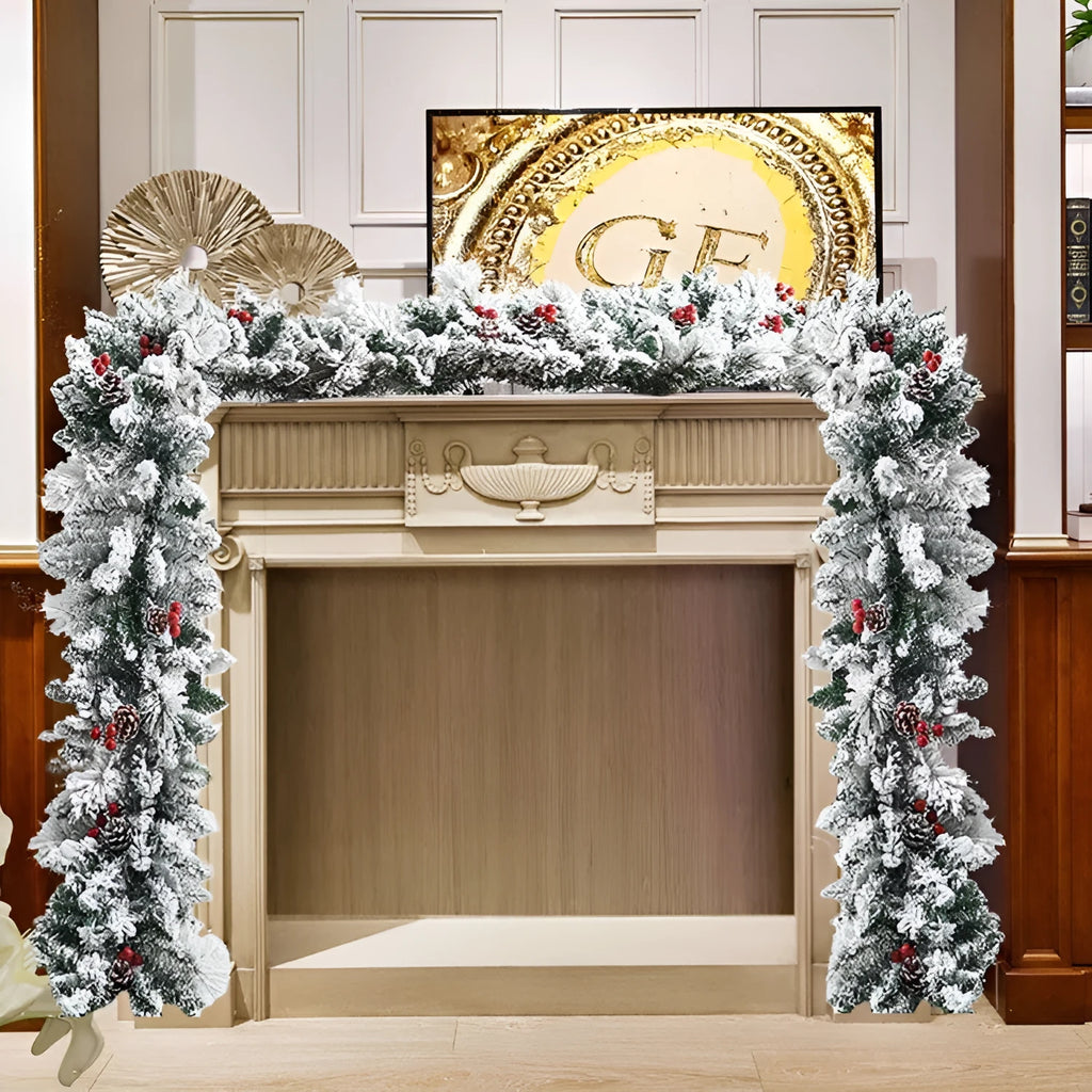 White flocked snow artificial rattan vine Christmas garland on a red background.