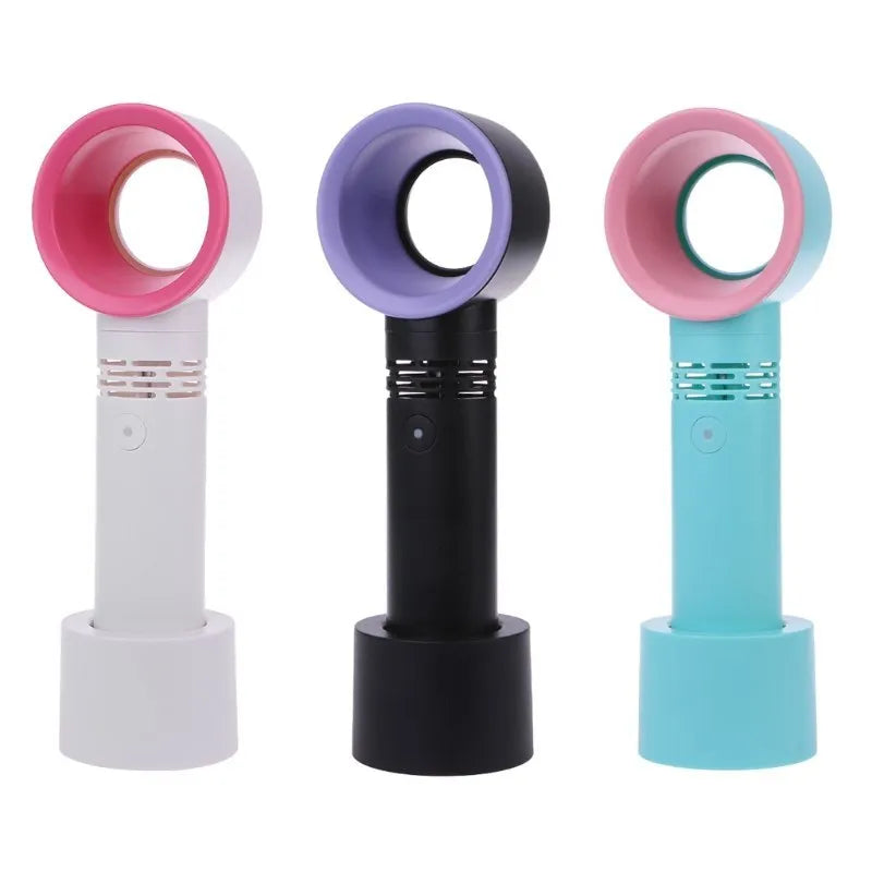 Compact portable bladeless desk fan with USB cable and base, shown in blue.