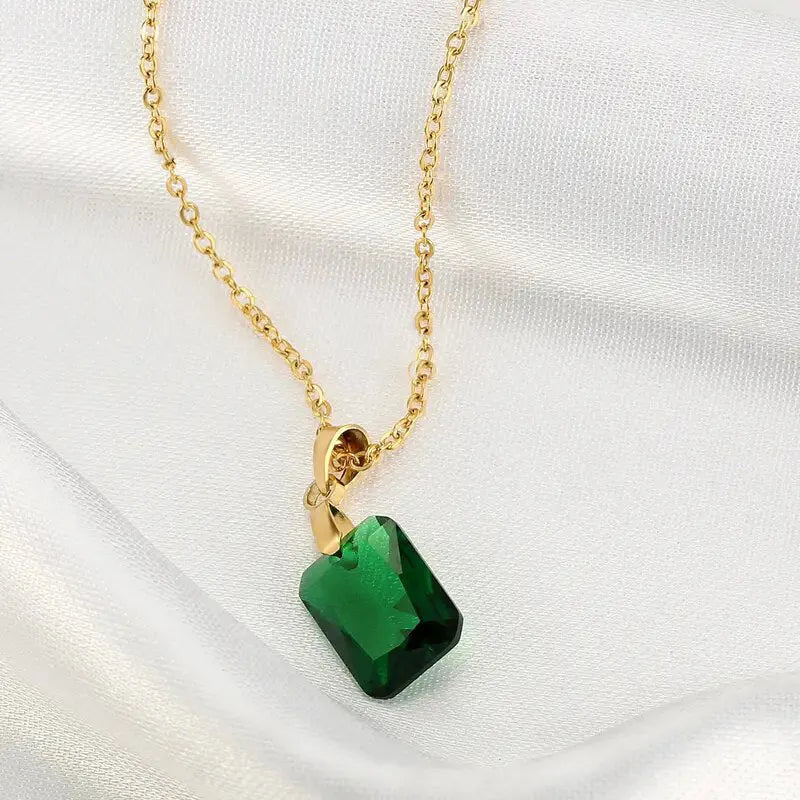 Rectangular copper geometric pendant necklace with green finish and O-ring chain