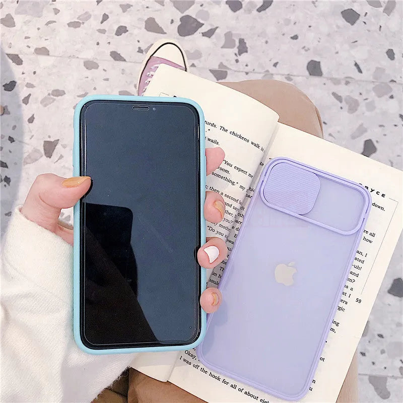Frosted frame silicone phone case for iPhone in various colours including blue, pink, and black.