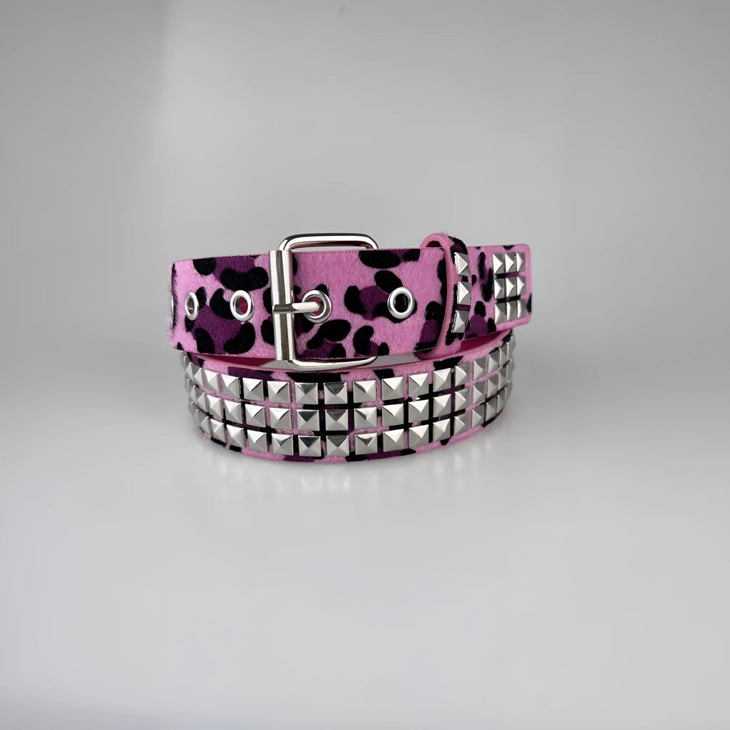 Women's punk fashion belt with metal rivets on a brown leopard print PU leather strap and alloy buckle.