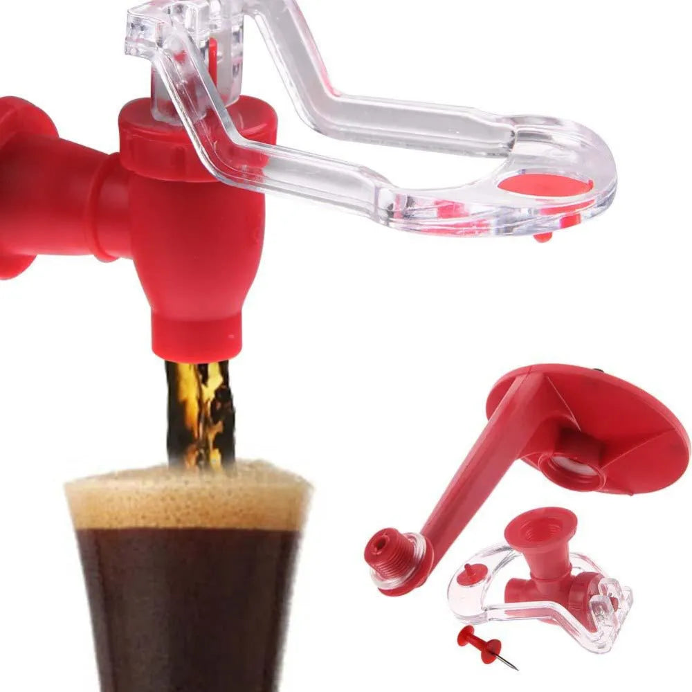 Red plastic Magic Tap soda dispenser attached to 2-litre bottle with push-button tap