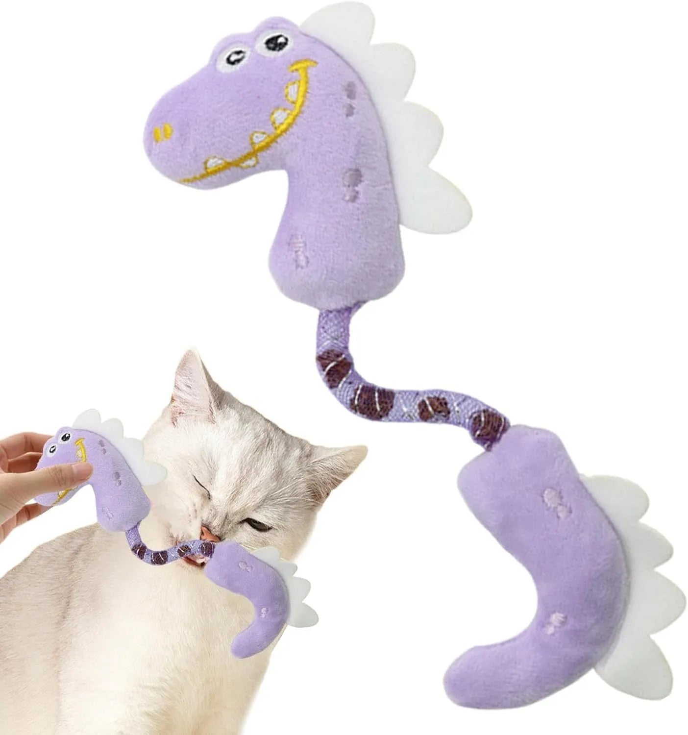Set of four cat toys: plush fish, mouse, bunny, and a catnip rope on a plain background