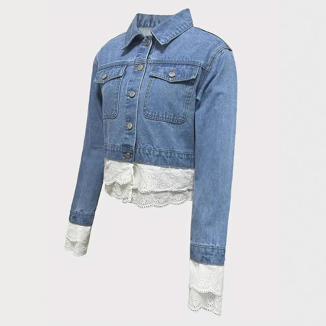 Blue women's denim jacket with lace stitching detail on the front, long sleeves.