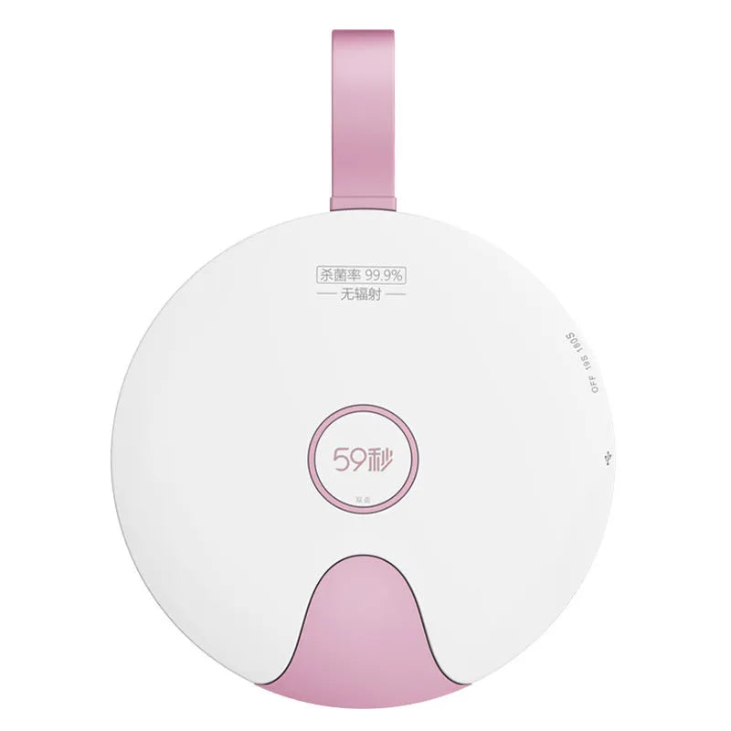 Portable UV baby bottle sterilizer showing compact design with USB port and measuring 163.6mm x 120mm