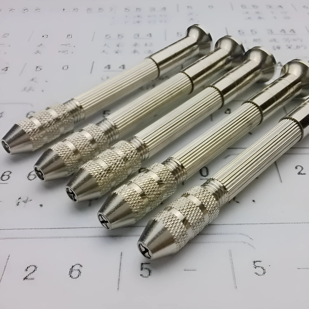 Hand twist drill with two collets and four drill bits on a wooden surface