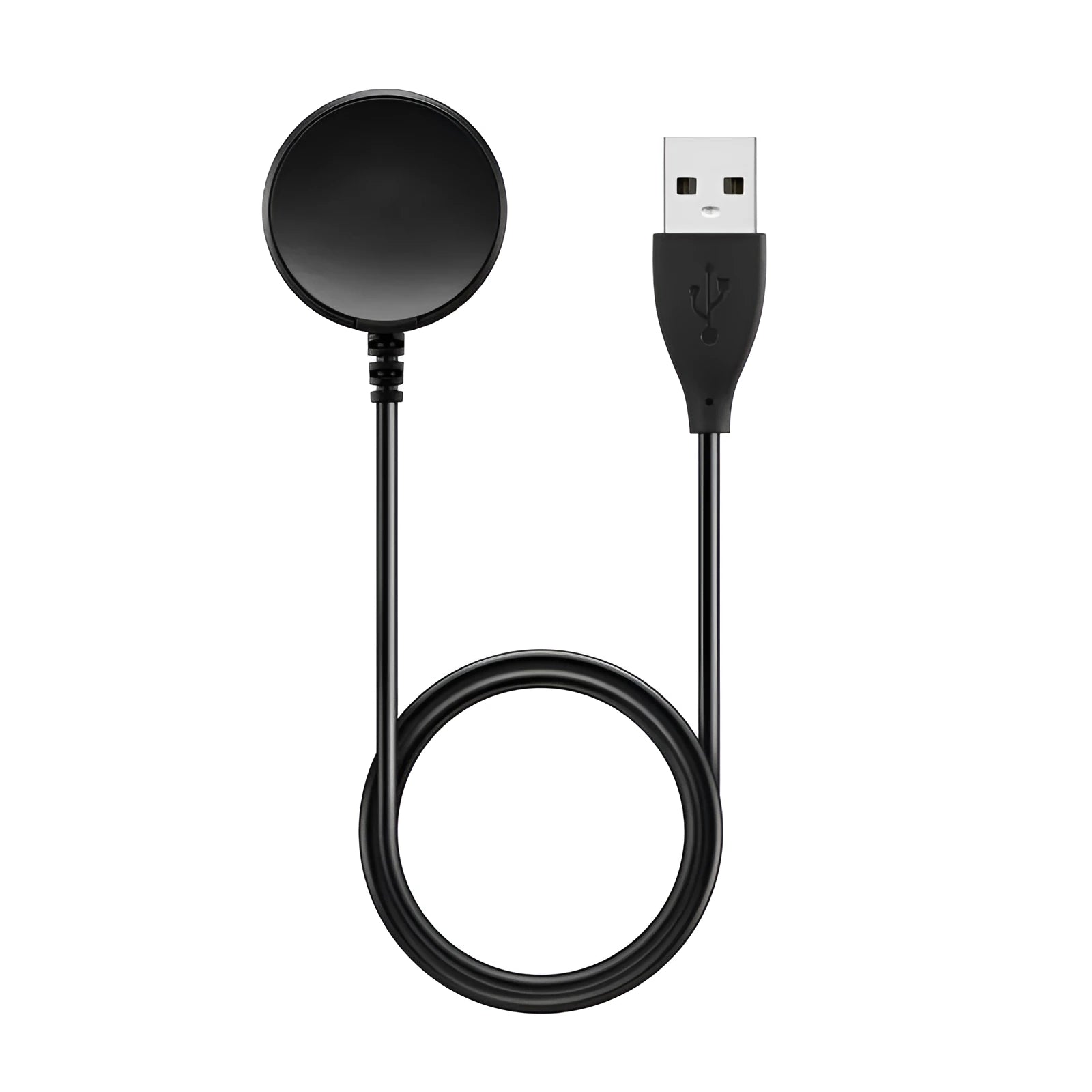 Black USB fast charging dock for smartwatches showing compact 34mm size