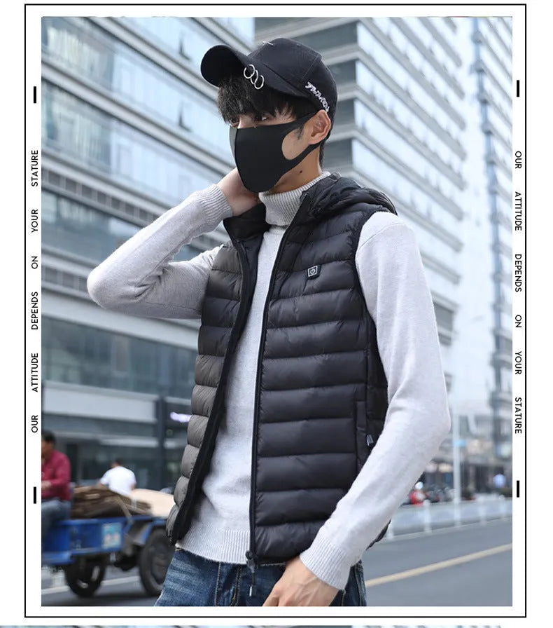 Heated cotton vest in black with USB power cable for outdoor winter use