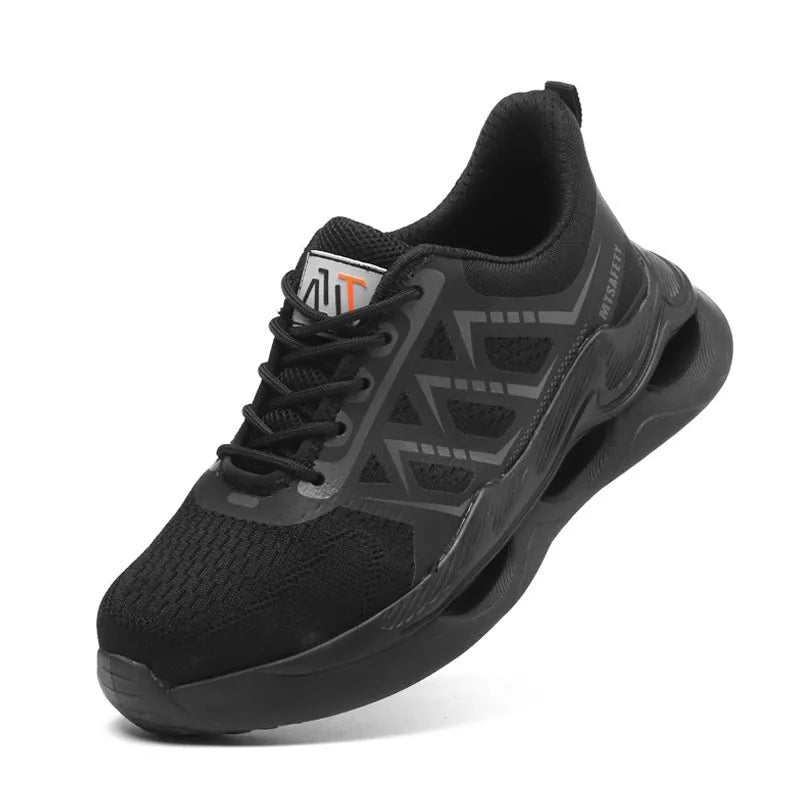 Black lightweight safety work shoes with a steel toe cap, flat knitted upper, and rubber sole shown from the side.