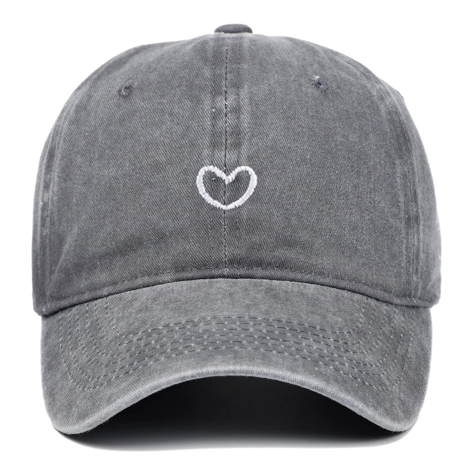 Retro style baseball cap with small love embroidery on cotton fabric in an adjustable dome crown design.