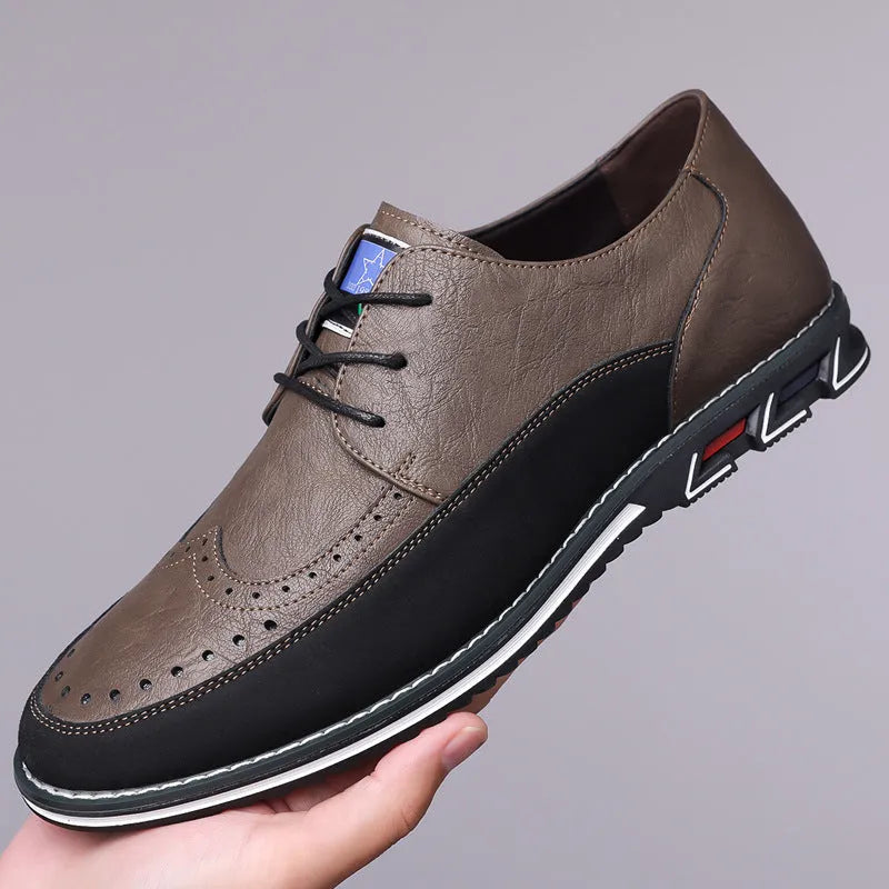 Men's black leather casual shoes with rubber sole and stitching detail